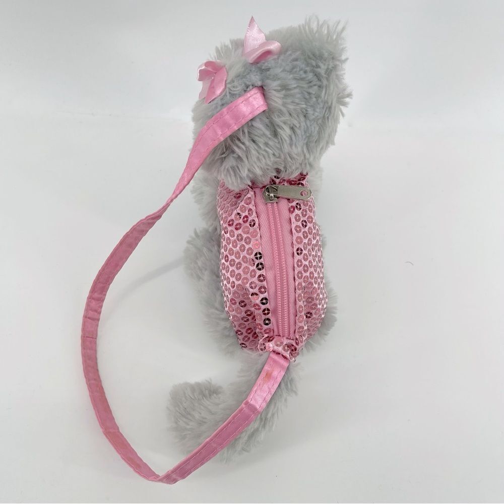 Girl’s Gray Fluffy Cat Kitten Pink Sequin Bling Zip Top Cute Purse Handbag - Picture 4 of 8